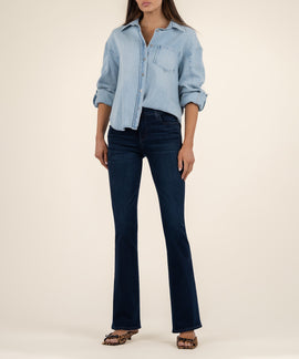 Natalie Mid Rise Flare, Petite in Leading Wash
