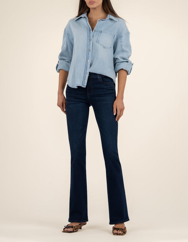 Natalie Mid Rise Flare, Petite in Leading Wash