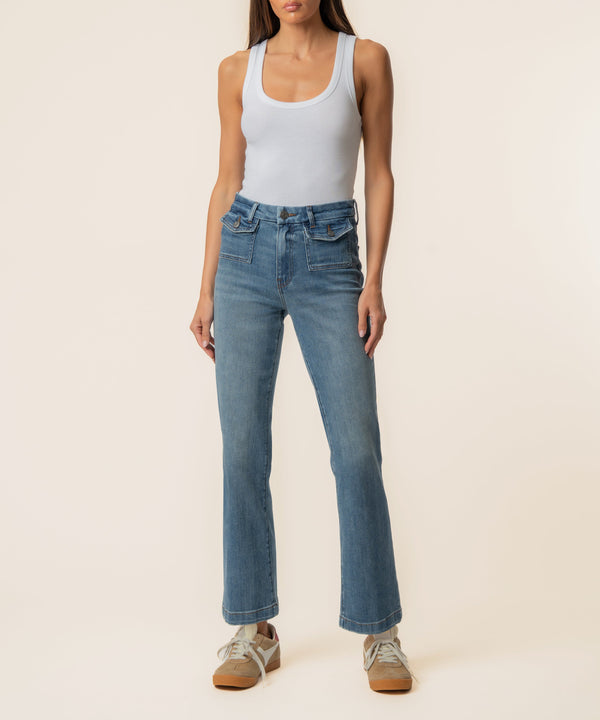 Kelsey High Rise Ankle Flare In Wealth Wash