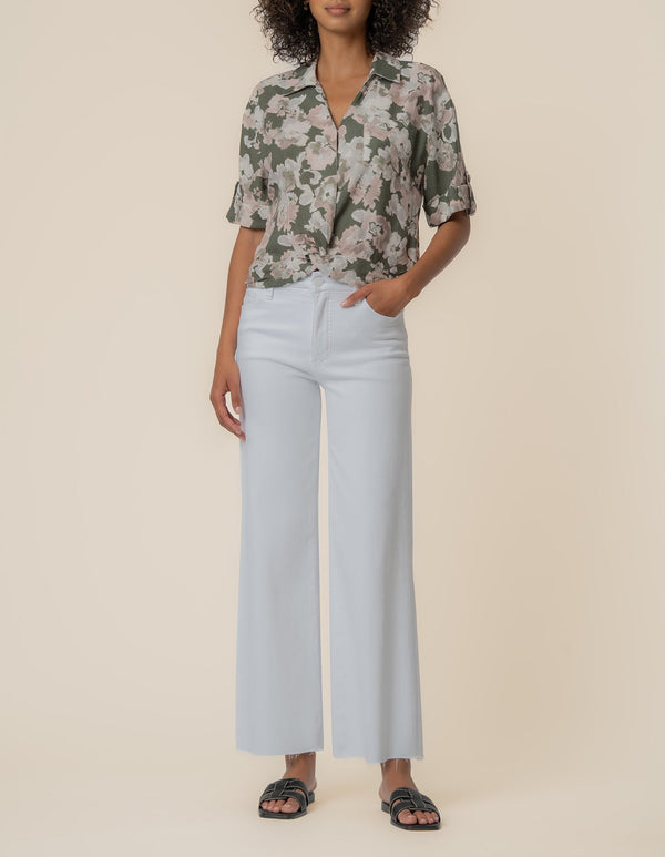 Rebel Linen Knot Front Shirt in Andalusia Seaweed/Khaki