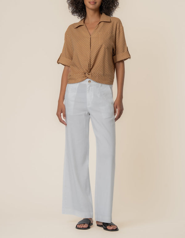 Rebel Linen Knot Front Shirt in Dot Wood/Ivory