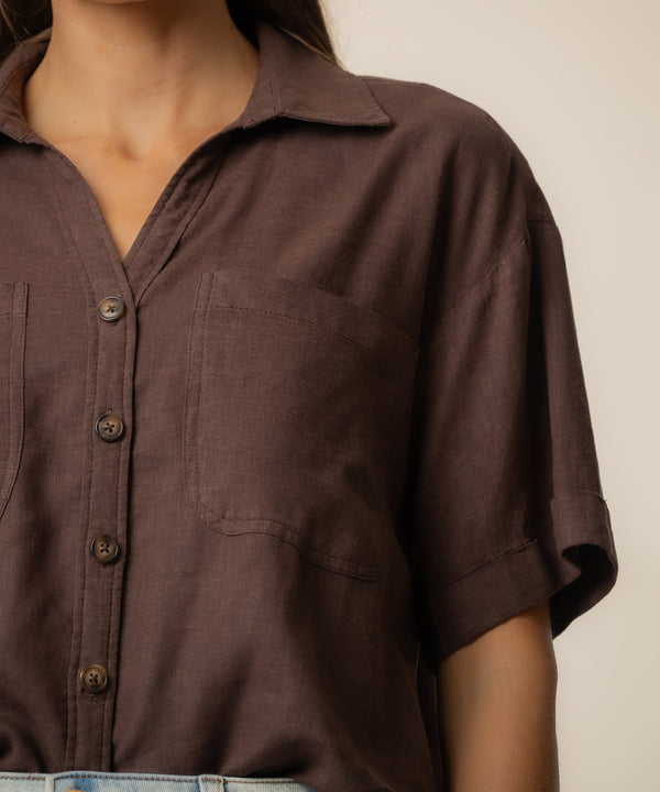 Brianna Linen Boxy Shirt in Chocolate