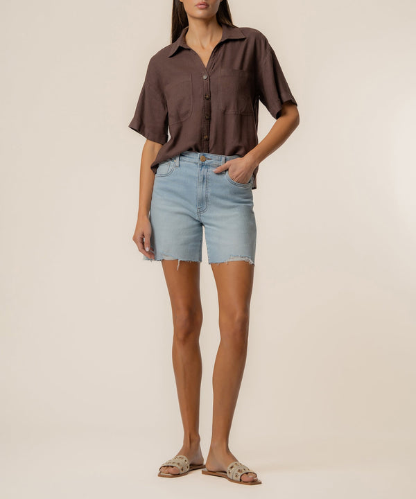 Brianna Linen Boxy Shirt in Chocolate